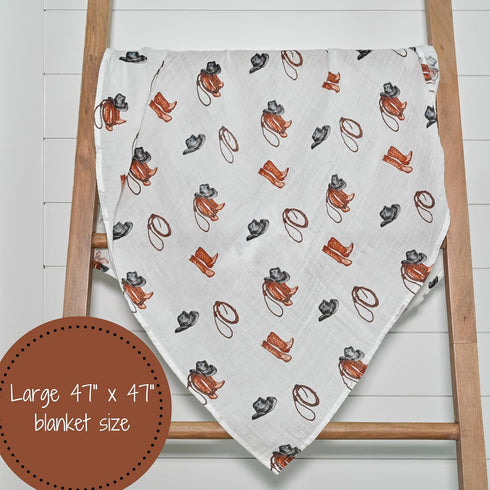 Swaddle Blanket, 100% Muslin Cotton, Gender Neutral Newborn Nursery Essentials, Cowboy Boot Print
