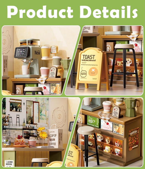 Set Mini Cafe Shop Dollhouse Kit - Charming Coffee Shop Building for Adults, Relaxing DIY Crafts & Miniature Gardening