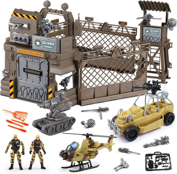 fisca Military Toys Set, Army Base Playset with Soldiers, Vehicles, and Gear for Kids 3+ Year Old
