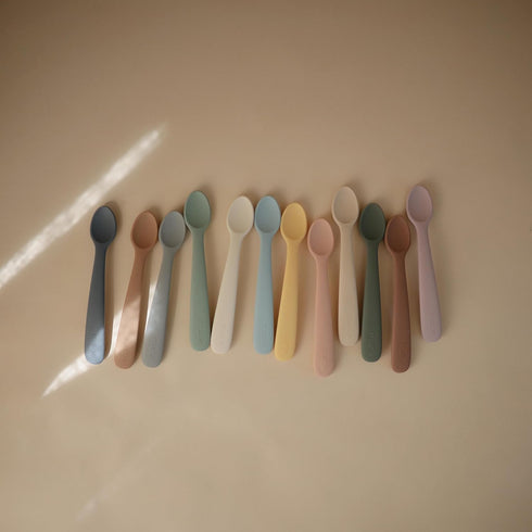 mushie Silicone Baby Feeding Spoons, 2 Pack (Cambridge Blue/Shifting Sand)