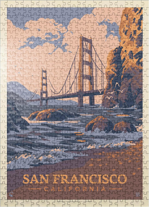 MyPuzzle San Francisco, CA - Golden Gate-Water's Edge Vintage Poster, Premium 500 Piece Jigsaw Puzzle