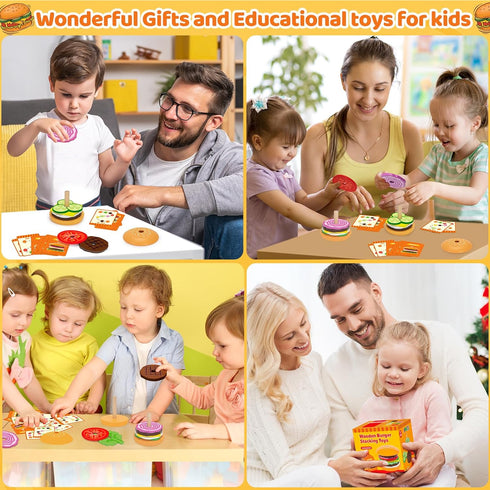 Montessori Wooden Burger Stacking Toys for 2-5 Year Olds, Fine Motor Educational Toys for Boys & Girls, Gift Ideas