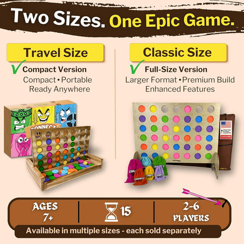YipYam Games 4 2-6 Connect War - in a Row Table Top Game for Players, Handcrafted Wooden Games for Family and Group