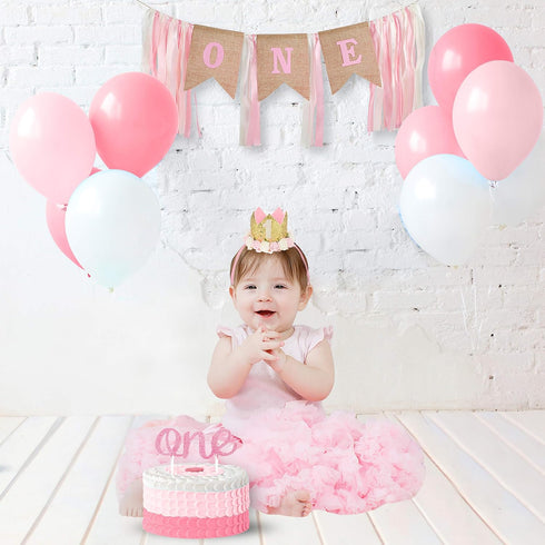 1st Birthday Girl Decorations WITH Crown - 1 Year Old Baby First Birthday Decorations - Princess Theme Cake Smash Party