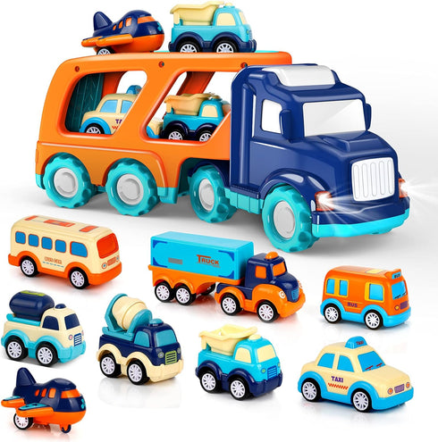 9 Pack Cars Toys for Toddlers 2-5 Years, Big Transport Truck with 8 Small Pull Back Trucks, Carrier Truck with Sound