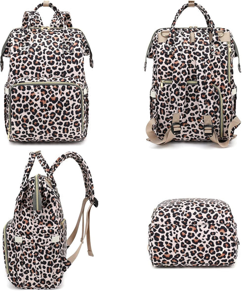 Xunteny Backpack Leopard Baby Diaper Bag for Girls Boys, Waterproof Large Maternity Nappy Bags for Mom