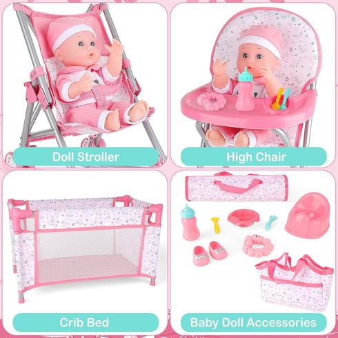 Set deAO Baby Doll Stroller Crib Bed Nursery Role Play Baby Doll Accessories and Play Mat,Travel Cot,Bouncer,Foldable