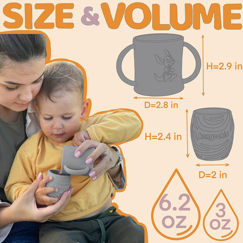 Open Cup Set for Baby, 2 Handled Tiny Cups for Toddlers, Transitional Silicone Cup for 6+ Months (Cool Grey)