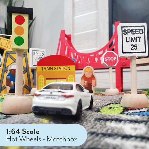 Kids Wooden Street Signs Playset, 14-Piece Set, Perfect for Car & Train Set, Wood Traffic Signs