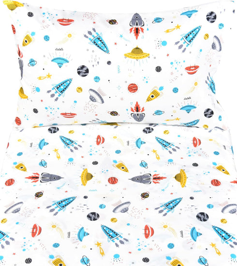 J-pinno 100% 3 Set Cozy Set Planet Spacecraft Rocket Cotton Pieces Cartoon Toddler Sheet for Kids Boys, Flat Sheet
