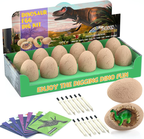 Dinosaur Eggs Excavation Dig Kit, Break Open 12 Dinosaur Eggs to Discover 12 Cute Dinosaurs, STEM Crafts Birthday Gifts