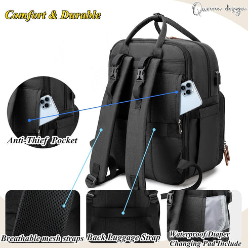 Backpack Expandable Diaper Bag for Dad and Mom Large Capacity Baby Diaper Bag with Premium Leather, Changing Pad
