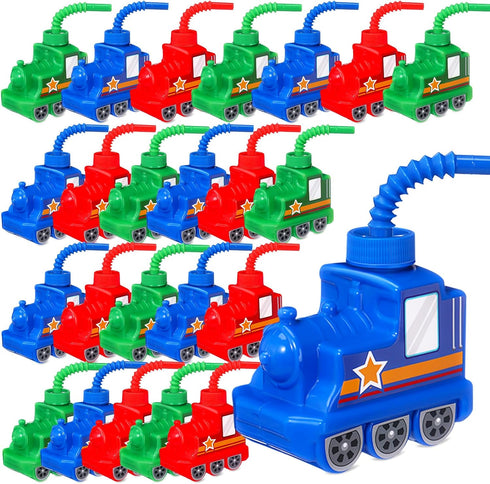 Tanlade 24 Sets Traffic Vehicle Party Favor Supplies, 10 oz Plastic Train Shape Cups with Straws for Birthday