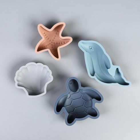 Set 4 BLUE GINKGO Silicone Beach Toys - Modern Baby | Travel Friendly Bucket, Shovel, Sand Molds, Bag for Toddlers