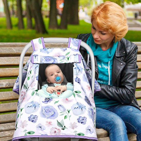 Cozy Baby Carseat Seat Cover Girls, Winter Carseat Canopy, & Warm Cover with Zipper Peep Windows, Infant Minky Carrier