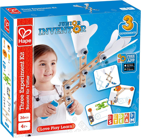 Hape Three Experiment Kit - Junior Inventor Kids Physics Mechanical Crane, Grabber & Climbing Frog Play Set