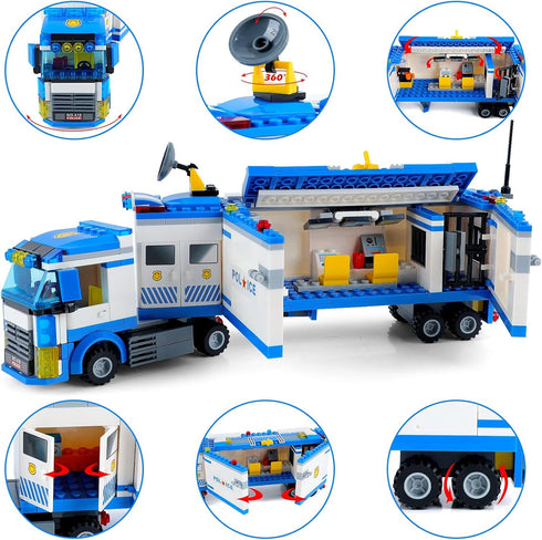 City Police Mobile Command Center Truck Building Blocks, Mobile Police Unit with Cop Cars, STEM Toy Kit