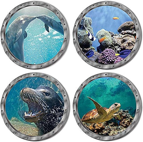 4 PCS Removable 3D Under The Sea Wall Decals, Animals Wall Sticker Home Decor for Bathroom & Kids Nursery Room