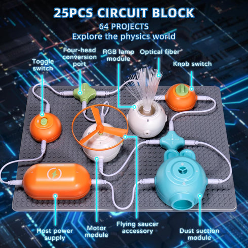 Circuit Kits for Kids Age 3-12 - 25PCS DIY Electronics Exploration Kit with 64 Projects for Boys and Girls