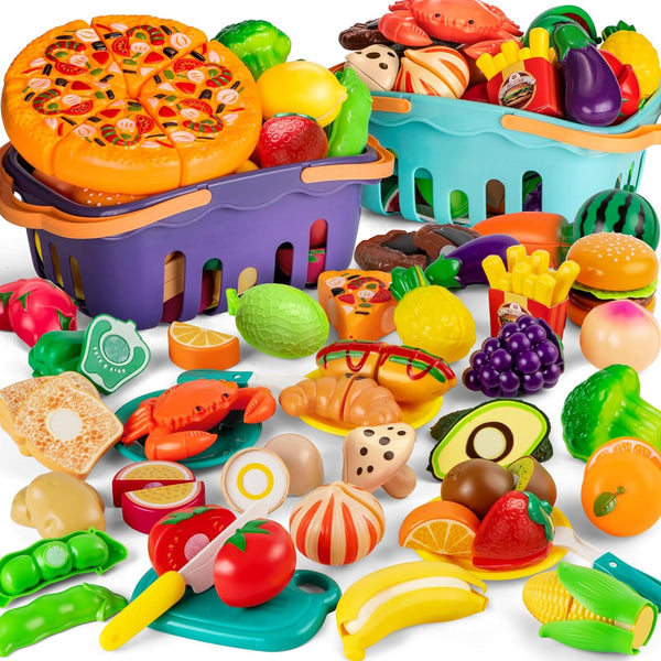 MOEAWS Cutting Play Food Toy For Multiple Kids with 2 Colors Storage Baskets(Purple&blue),