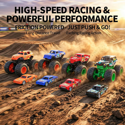 TOPMVP 8 Pack Set, 4 3 4 5 6 7 8 Monster Trucks & Die-cast Metal Cars Toy Powered Push and Go Battle Vehicles, DIY