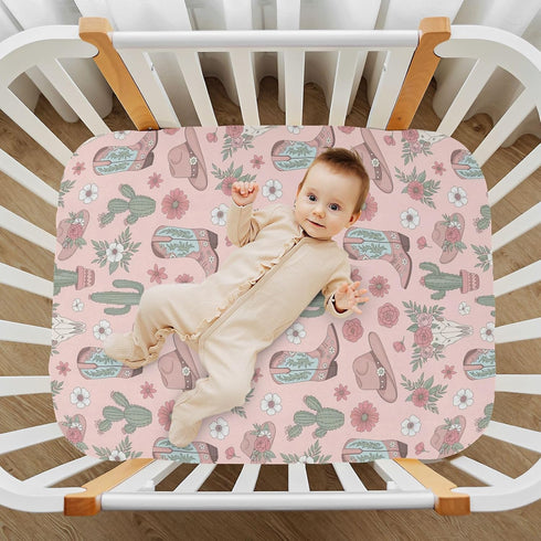 Sinestour Cowgirl Western Cowboy Pink Baby Crib Sheet Soft and Breathable Crib Mattress Protector for Standard Playard