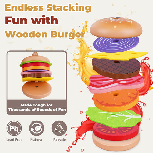 Set 3 4 5 Montessori Toys Pretend Play Food for Year Old, Wooden Fast Food Play Kitchen with Hamburger, Fries, Egg