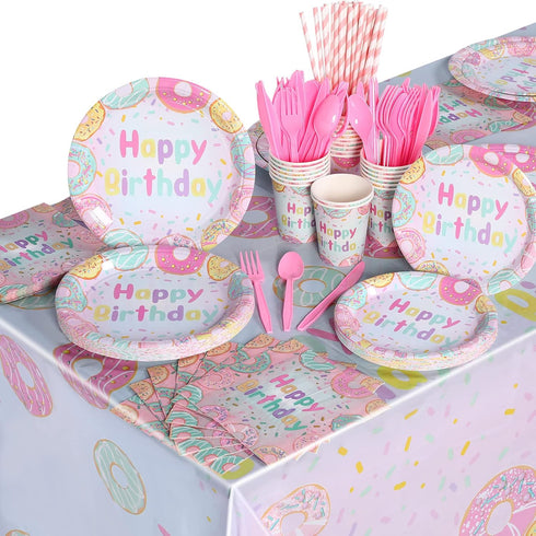 194 24 Pcs Donut Ice Cream Birthday Party Decorations Supplies Guest Disposable Dinnerware with Tablecloth Paper Plates