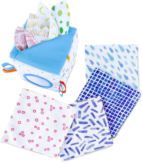 6-12 100% Quiggly Soft Fabric Tissue Box Toy for Babies- Montessori Sensory Development Toy for Month Olds - Cotton