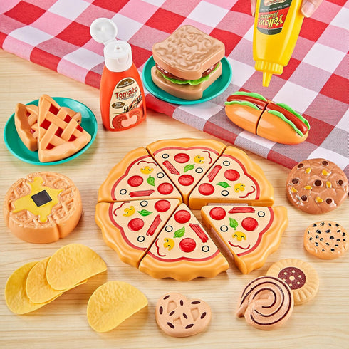 85Pc Sets 2 Kidsciety Pretend Play Food for Kids Kitchen, Cutting toy food with Baskets, Play Kitchen Accessories