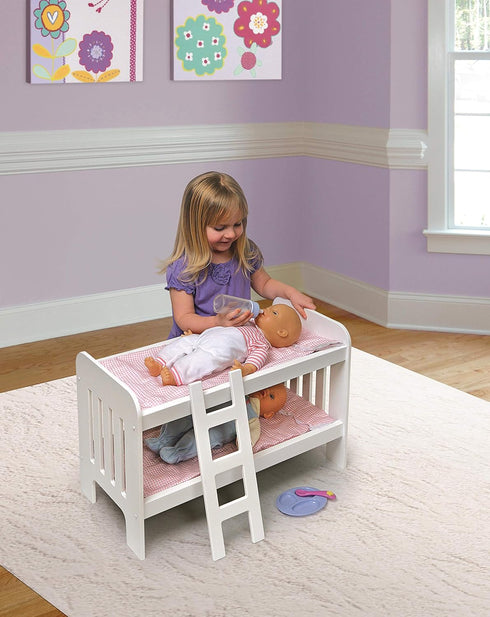 Badger Basket Toy Doll Bunk Bed with Gingham Bedding, Ladder, Personalization Kit for 20 Inch Dolls - White/Pink