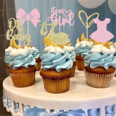 Gyufise 36 Pack Oh Baby Cupcake Toppers, It's a Girl Cupcake Toppers with Bow Dress Glitter Cake Picks for Baby Shower