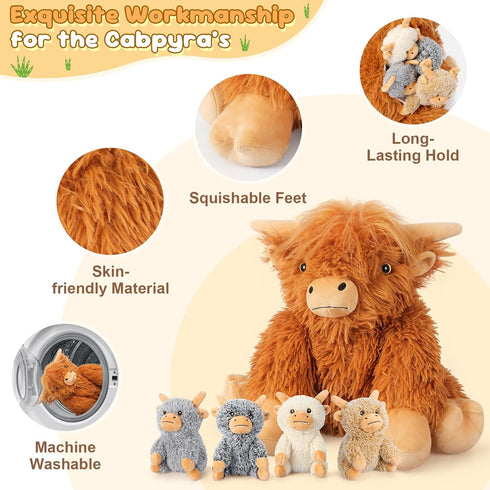 5-in-1 5PC Set Mommy 4 3 8 SuzziPals Highland Cow Stuffed Animals with Babies Inside, Highland Cow Plush & Babies, Soft