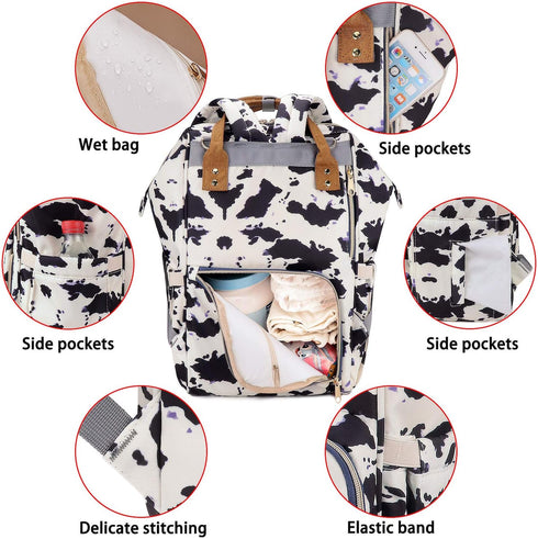 MCWTH Backpack Set Cow Print Diaper Bag for Baby Girls Mom, Large Capacity Multi-Function Nappy Bags Organizer