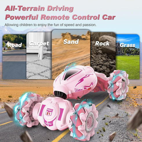 Pink RC Car Toys for Girls Aged 6-12, Gesture Sensing Stunt Car with Lights Music for Birthday Gifts