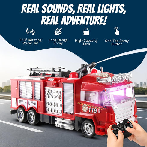 Liberty Imports RC Rescue Fire Engine Toy Truck Radio Control Electric R/C Fire Truck with Lights, Sound, Working Water
