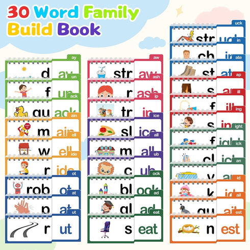FOIFIS 30 3-8 Word Family Build Book, Read and Rhyme Flip Activity Book, Dinosaur ABC Learn to Read Phonics Flash Cards