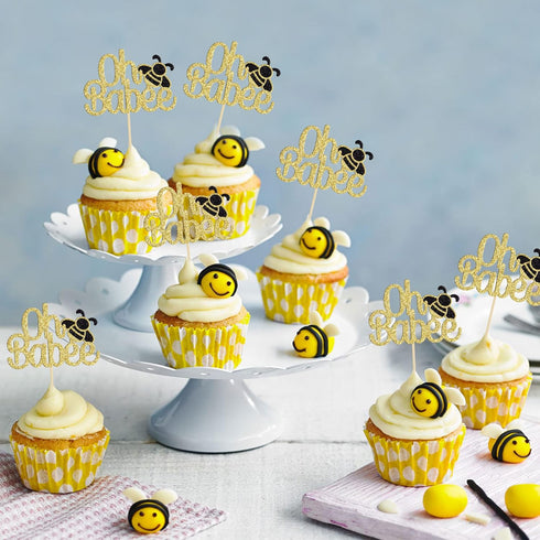 Gyufise 24Pcs Bumble Bee Cupcake Toppers - Gold Glitter Oh Baby Cupcake Picks for Baby Shower Birthday Party