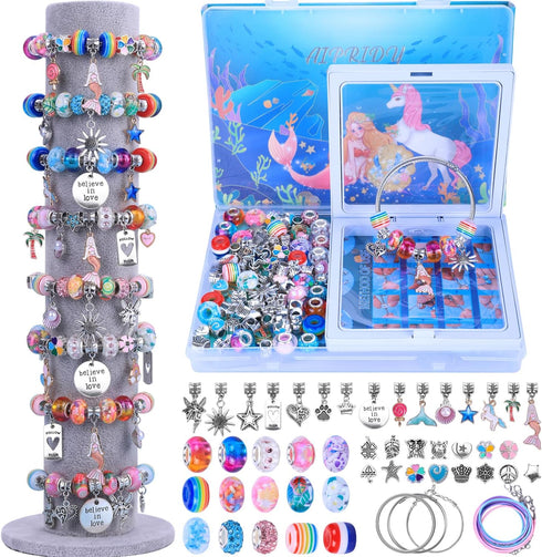 AIPRIDY Charm Bracelet Making Kit, Unicorn Mermaid Crafts Gifts Set for Girls 5-12 Years Old, 72 Pieces Mermaid Aqua