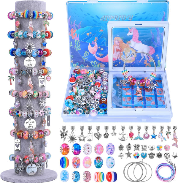 AIPRIDY Charm Bracelet Making Kit, Unicorn Mermaid Crafts Gifts Set for Girls 5-12 Years Old, 72 Pieces Mermaid Aqua