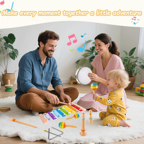 1 2 1-3, Set Montessori Toys for Year Old, Wooden Musical Instruments for Toddlers Educational Baby Drum with Xylophone