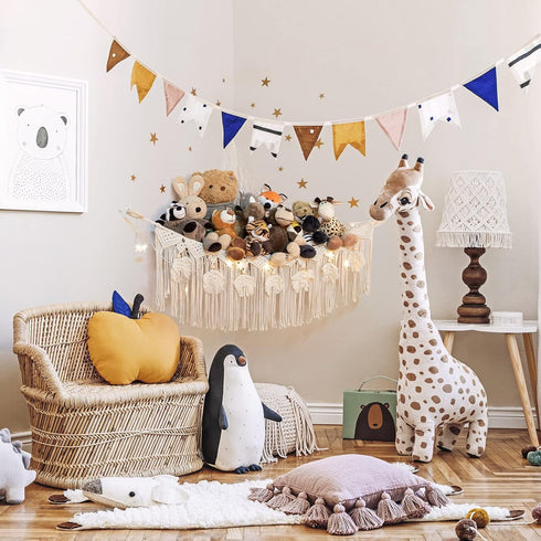 Hammock ANROYE Macrame Stuffed Animal Toy Net with Star Light, Small Plushies Boho Storage for Nursery, Corner Wall