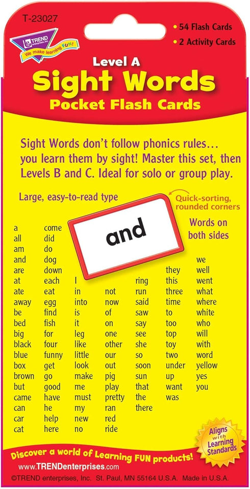 Trend Enterprises Sight Words Level A Pocket Flash Cards, 56 Two-Sided Cards, Ages 4 and Up