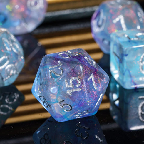 UDIXI 7PCS Polyhedral Dice Set for Dungeons and Dragons, D&D with Glitter and Cyan Swirls (Purple Cyan)