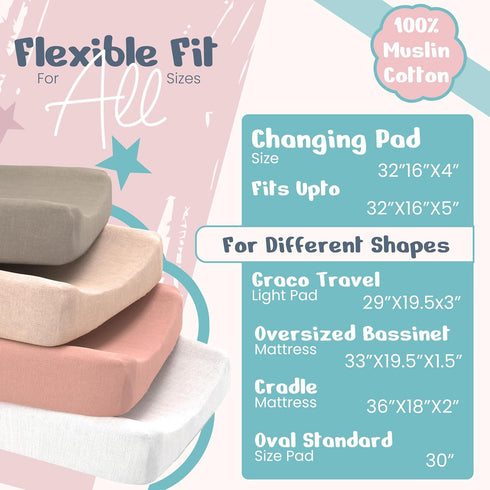 100% 120GSM (4 Pack Muslin Changing Pad Cover Ultra Soft Baby Changing Pad Covers for Girls and Boys - Easy wash Diaper
