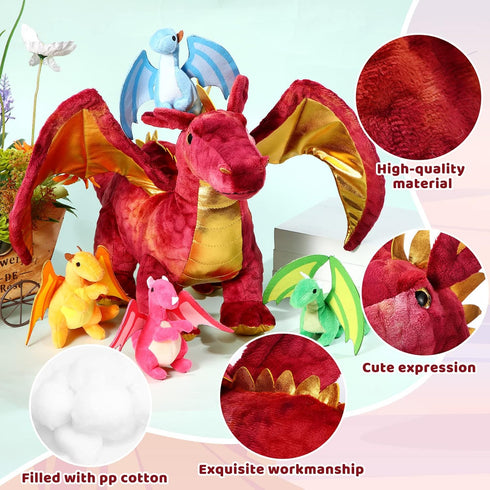 Lenwen 5 Pcs Dragon Plush Stuffed Animal - 16 Inch Giant Mommy Dragon with 4 Pcs Babies in Zippered Belly for Kids