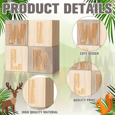 RattanView 4 Pcs Woodland Wild Nursery Wood Decor Nursery Wood Shelf Blocks for Bedroom Playroom Gifts Wild Sign