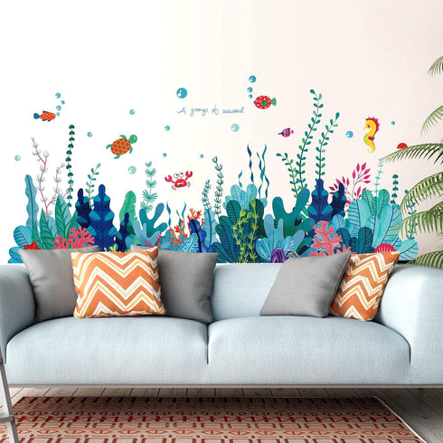 Removable 3D Under The Sea View Grass Wall Decal, DIY Ocean Coral Seaweed Stickers for Kids Bedroom