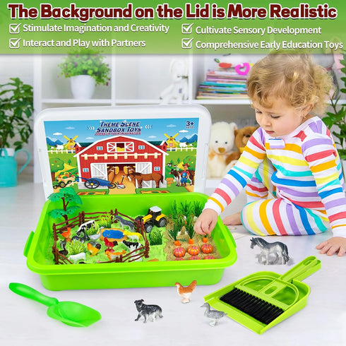59 Playset, Bloolilies Sensory Bin, Pcs Farm Sensory Sand Box Kits with Sandbox & Farm Animals & Tractor Play Sand Art