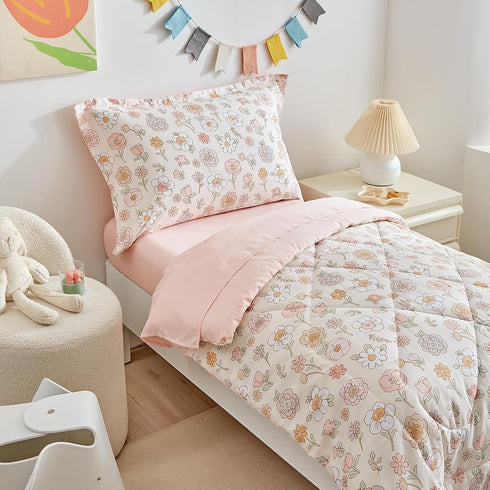 4 Set Set Set DuShow Floral Piece Girls Toddler Bed Comforter Pink Flower Reversible Toddler Bedding Soft Baby Crib Bed